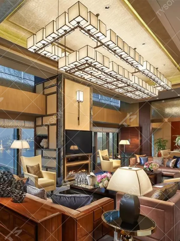 Neo-Chinese style square frame combination chandelier (fabric shade + metal frame), warm light effect, creating an elegant and simple Chinese-style space atmosphere.