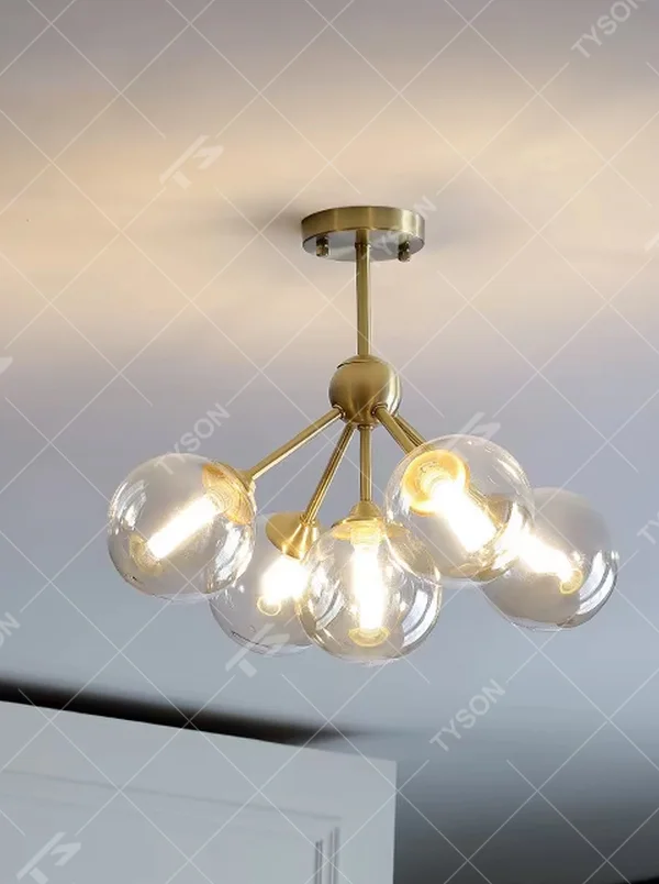 Light luxury gold branch glass ball ceiling chandelier (gold branch frame + gradient glass balls), warm light effect, creating a warm and high-end home atmosphere.