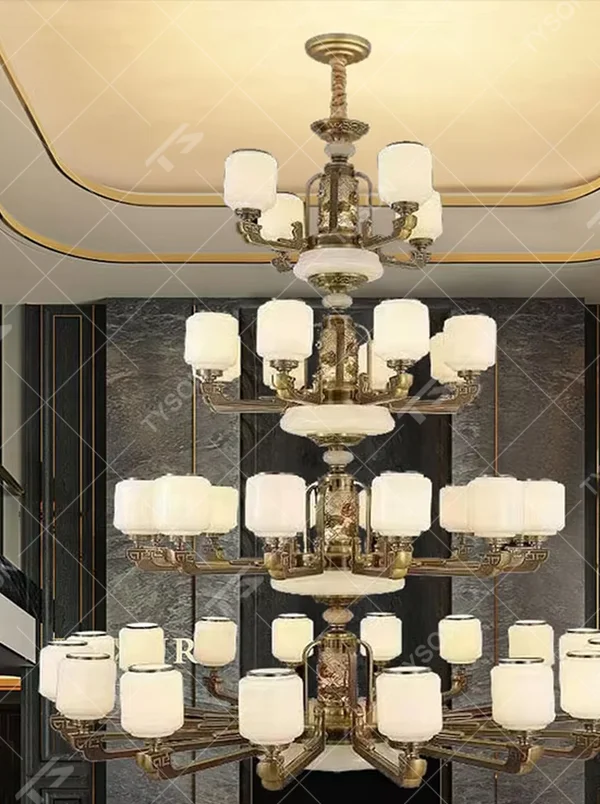 New Chinese-style multi-layer copper art chandelier (copper carved + cloud stone lampshade), warm light effect, creating an elegant and grand Chinese-style space atmosphere.