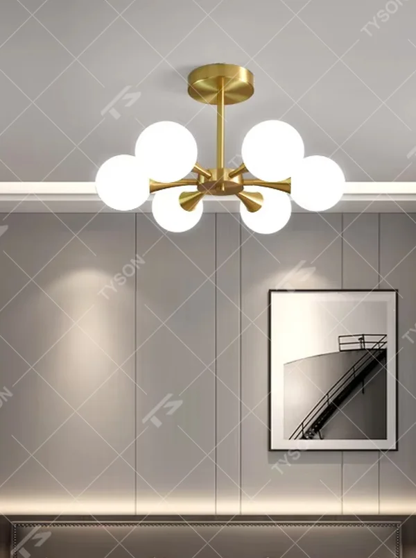 Light luxury gold branch cloud cluster ceiling chandelier (gold branch frame + milk-white glass balls), warm light effect, creating a warm and high-end home atmosphere.