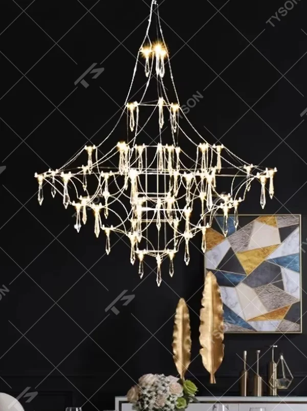 Art cobweb crystal chandelier (crystal pendants + cobweb-style metal wire frame), warm light effect, creating a dreamy and high-end space atmosphere.