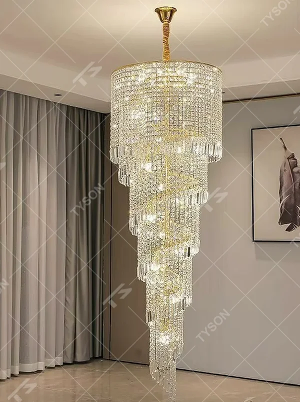 European top-luxury golden crystal spiral gradient small high-ceiling chandelier, warm light effect, creating a luxurious and grand space atmosphere.