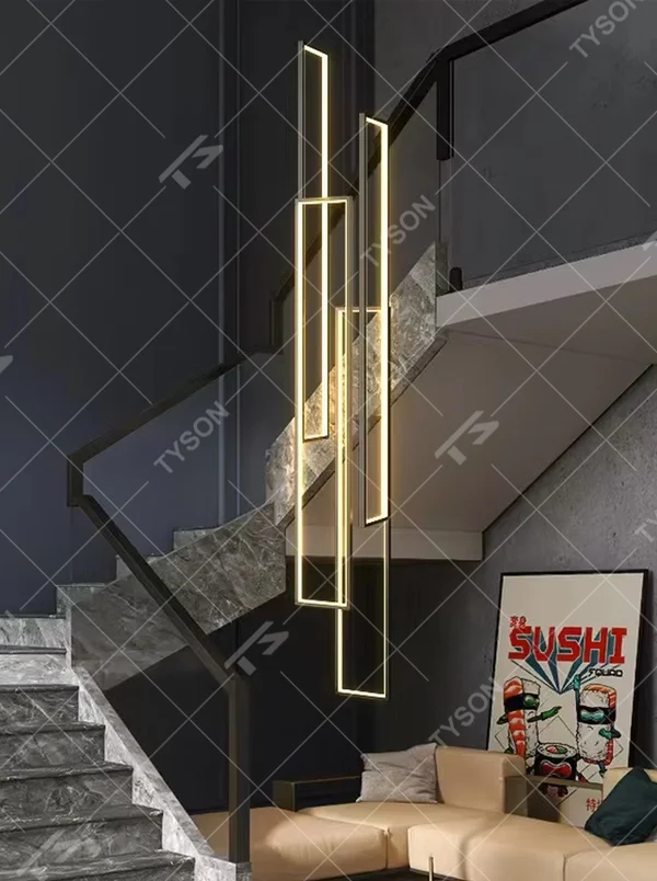 Modern geometric line LED chandelier (metal frame + warm light), warm light effect, creating a minimalist high-end futuristic space atmosphere.