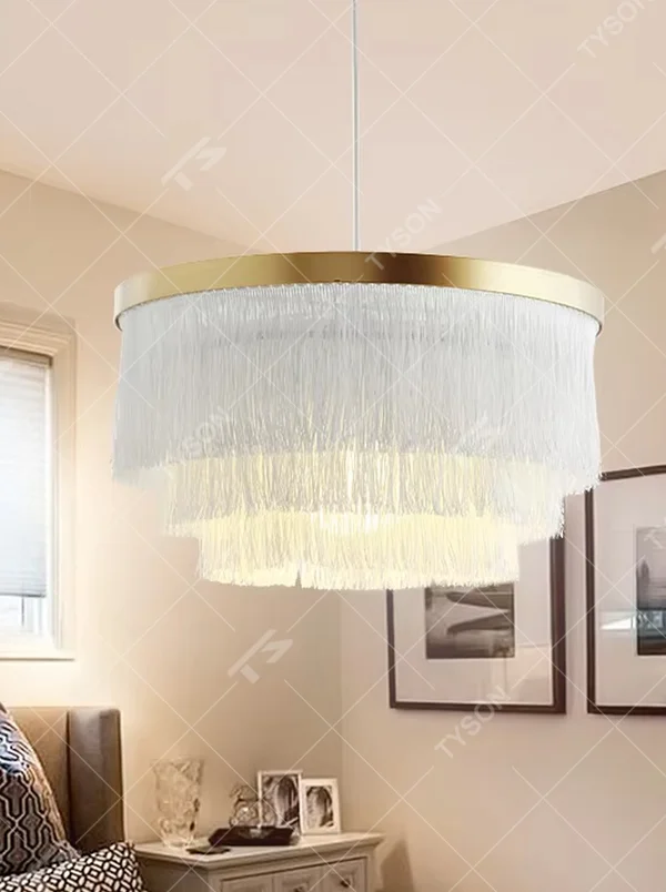 Light luxury gradient pink tassel multi-layer circular chandelier (gold trim decoration), warm light effect, creating a romantic and exquisite space atmosphere.