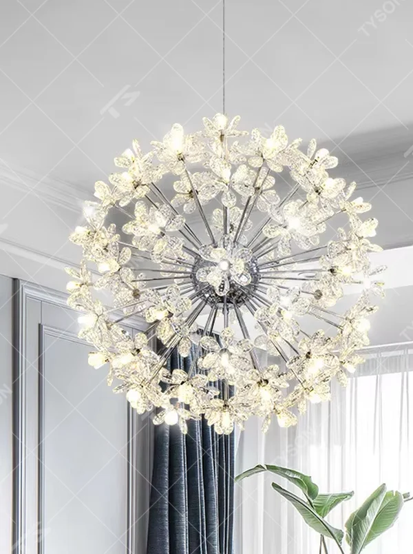 Art dandelion crystal chandelier (crystal petals + radial frame), warm light effect, creating a dreamy and luxurious space atmosphere.