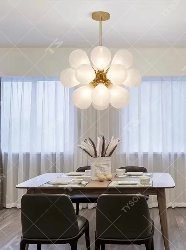 Light luxury rose-pink petal-shaped glass chandelier (gold core decoration), warm light effect, creating a romantic and sweet space atmosphere.