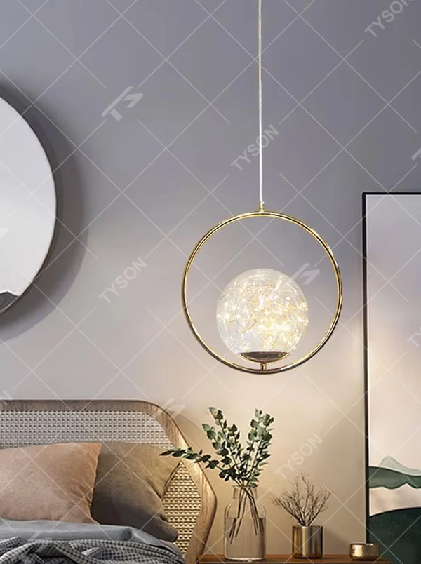 Light luxury gold ring firework glass ball chandelier (three-set model + warm light), warm light effect, creating a brilliant and high-end home atmosphere.