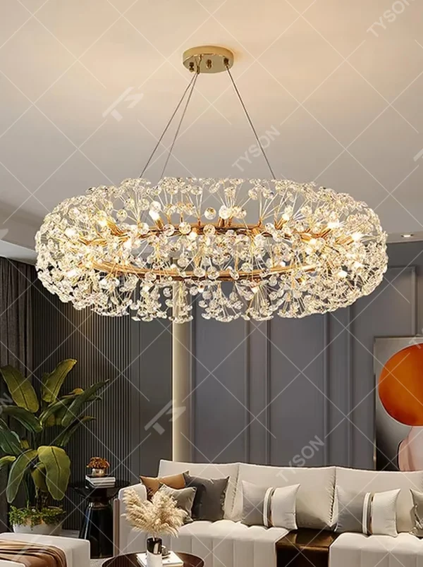 Light luxury oval dandelion-shaped golden frame crystal chandelier, warm light effect, creating an exquisite artistic space atmosphere.