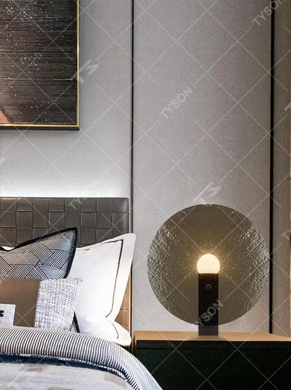 Art semi-transparent round plate table lamp (dual-texture + spherical light source), warm light effect, creating a cutting-edge minimalist artistic home atmosphere.