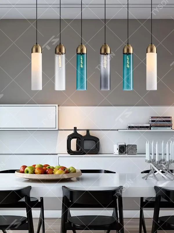 Modern minimalist multi-color glass cylinder chandelier (gold/black top trim), warm light effect, creating a fresh and versatile minimalist space atmosphere.