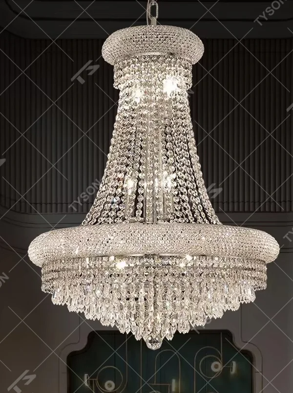 European top-luxury golden frame double-layer crystal (with spherical decoration) chandelier, warm light effect, creating an extremely gorgeous noble atmosphere.