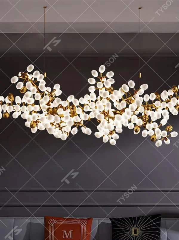 Art nebula glass ball chandelier (gold branch frame + milk-white glass balls), warm light effect, creating a dreamy and high-end space atmosphere.