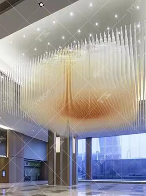 Art gradient striped crystal chandelier (transparent white + warm orange combination), warm light effect, creating a magnificent artistic high-end space atmosphere.