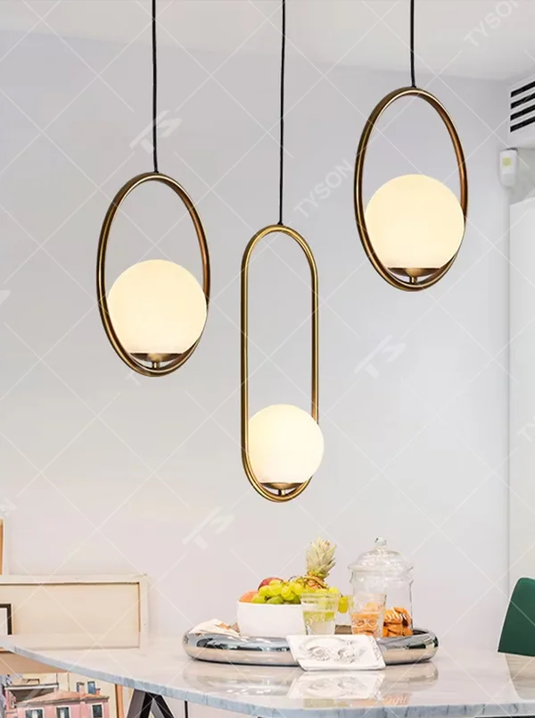 Minimalist gold ring glass ball chandelier (double-set model + warm light), warm light effect, creating a simple and high-end light luxury home atmosphere.
