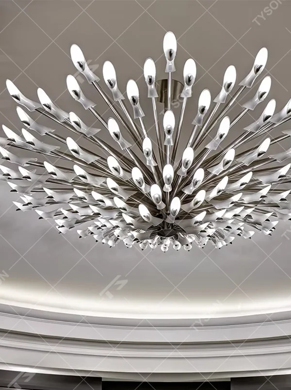 Art firework crystal ceiling chandelier (radial crystal lamp arms + starry sky shape), warm light effect, creating a bright and high-end home atmosphere.