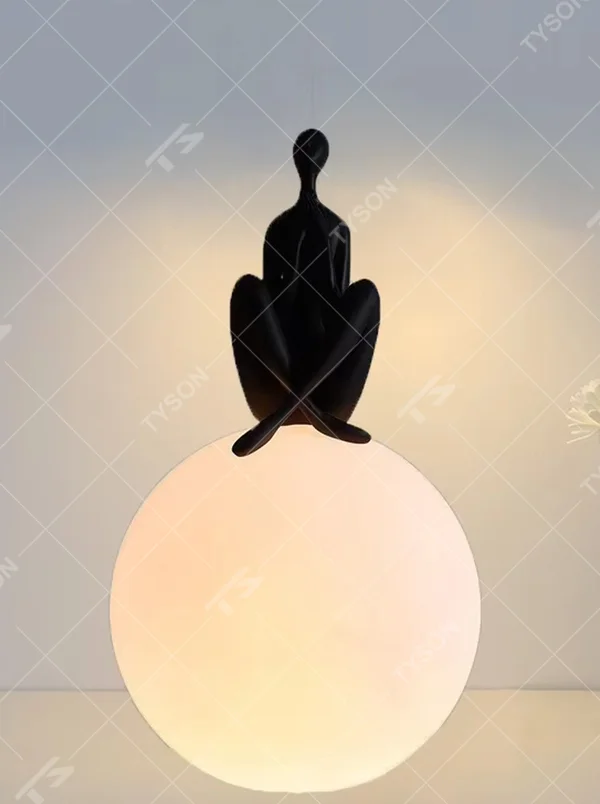 Artistic deep blue humanoid sculpture embracing spherical soft light table lamp, warm light effect, creating a high-end creative artistic space atmosphere.