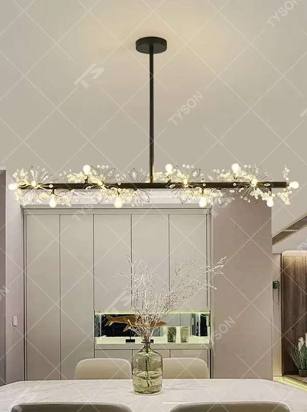 Art flower cluster bar chandelier (black frame + crystal flower clusters + warm light), warm light effect, creating a dynamic and exquisite light luxury home atmosphere.