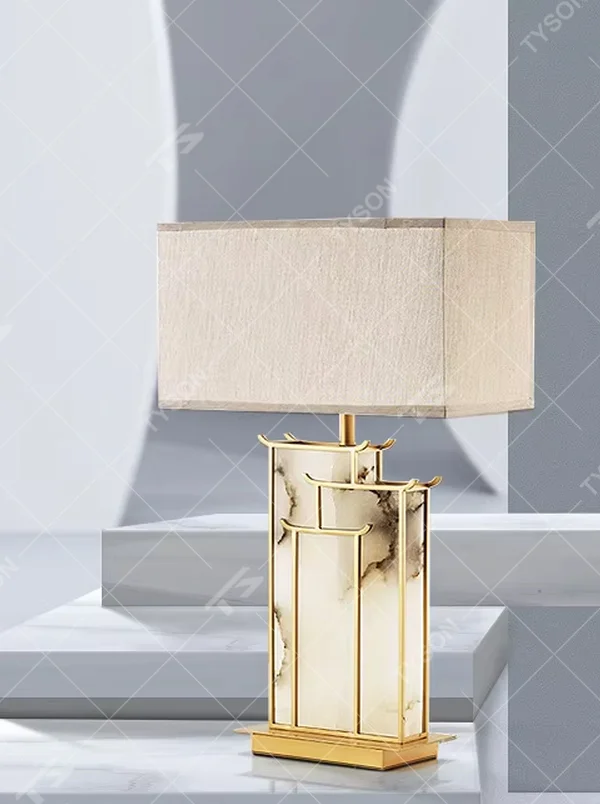 Neo-Chinese style golden frame marble table lamp (linen fabric shade), warm light effect, creating an elegant Chinese-style high-end space atmosphere.