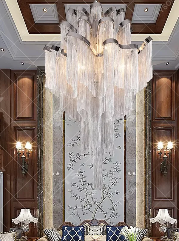 Luxury multi-layer tassel crystal chandelier (gradient crystal tassels + metal frame), warm light effect, creating a magnificent and luxurious high-ceiling space atmosphere.