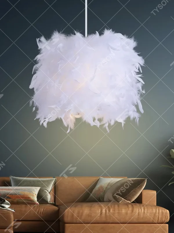 Dreamy feather spherical chandelier (pure white feather lampshade + thin hanging wire), warm light effect, creating a soft and healing space atmosphere.