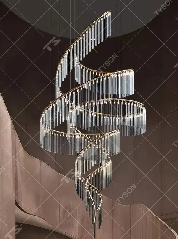 Artistic streamline crystal tassel chandelier (gold metal frame + gradient crystal tassels), warm light effect, creating a dreamy and luxurious artistic space atmosphere.