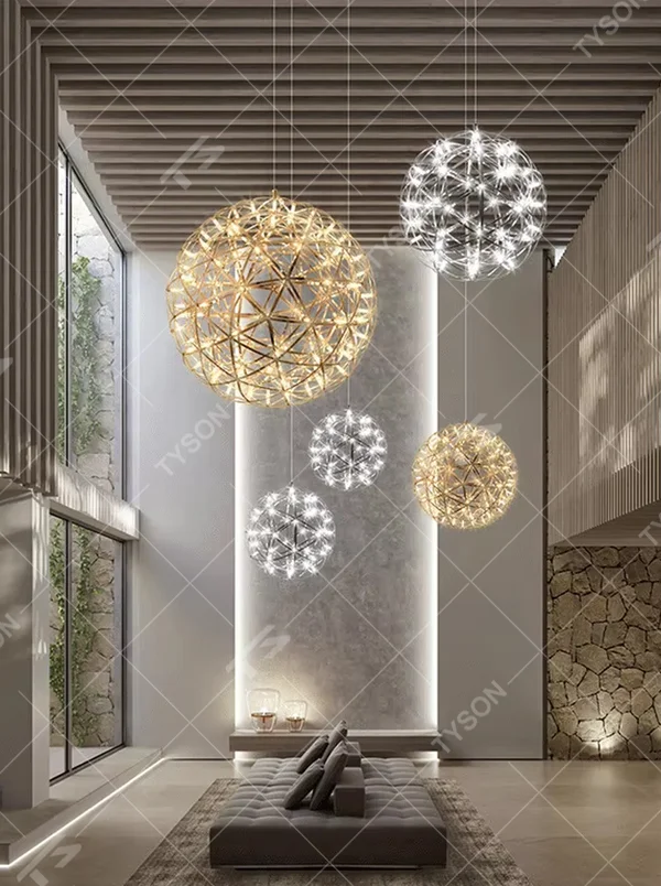 Art spark ball dandelion chandelier (metal woven spherical frame + built-in LED light source), warm/cool light effect, creating a dreamy and bright high-ceiling space atmosphere.
