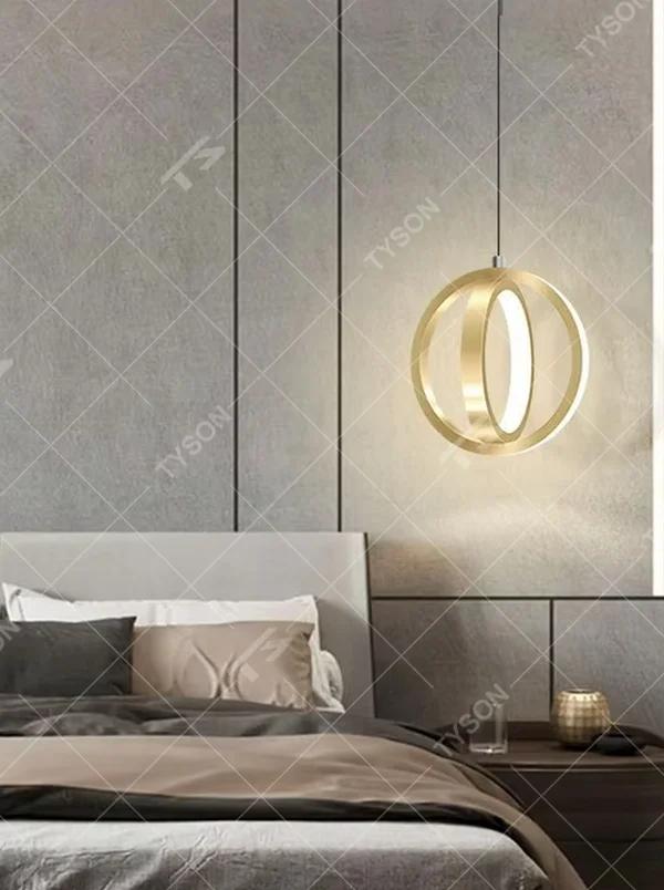 Light luxury double-ring staggered wall lamp (gold metal ring + built-in light strip), warm light effect, creating a stylish and high-end bedroom atmosphere.