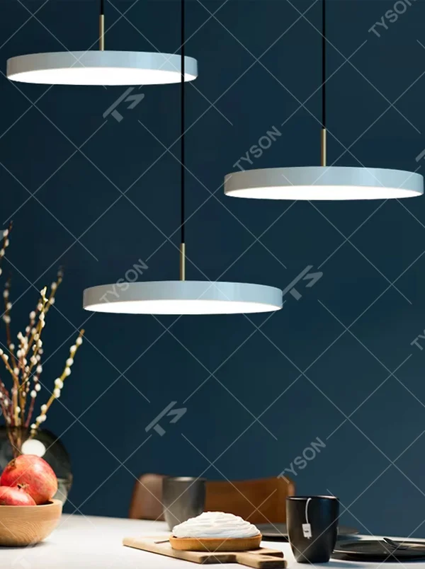 Modern minimalist disc LED chandelier, white suspended disc shape, available in black/gold two-color hanging wires, uniform and soft light, designed to enhance the minimalist and high-end atmosphere of spaces, suitable for dining rooms, living rooms, office areas and other modern minimalist spaces
