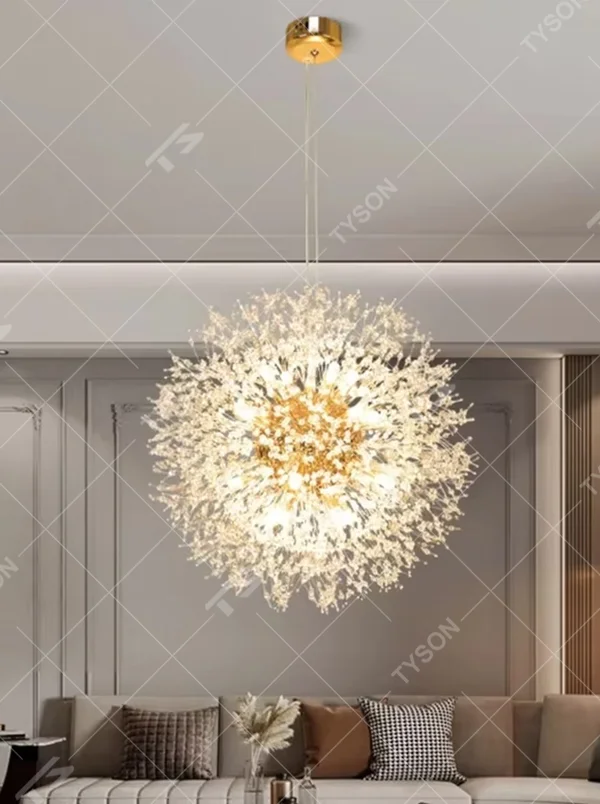 This light luxury dandelion-shaped chandelier features a spherical firework/dandelion design made of metal and light-transmitting material, emitting brilliant and soft light, serving both lighting and decorative purposes, ideal for dining rooms, living rooms, light luxury commercial spaces and other scenarios.