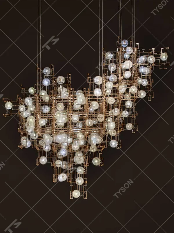 This art chandelier features a gold metal grid frame with embedded luminous light-transmitting balls to create an irregular nebula shape, serving both lighting and artistic decoration purposes, ideal for commercial spaces such as sales offices, art exhibition halls, and high-end clubs.