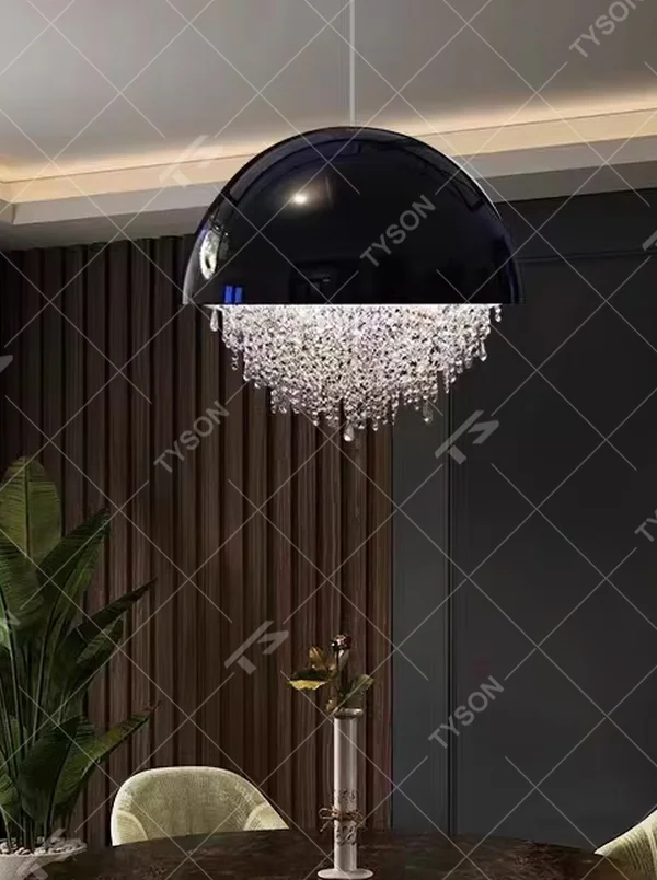 This modern light luxury hemispherical chandelier features a white metal upper cover, with dense crystal decorations along the lower edge like a falling waterfall. It serves both lighting and decorative purposes, ideal for dining rooms, living rooms, light luxury commercial spaces and other scenarios.