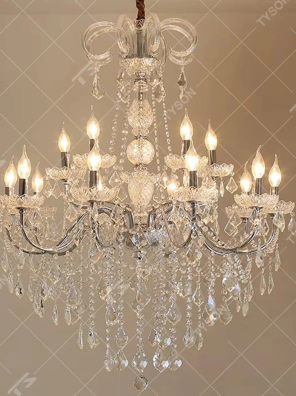 European-style luxury crystal chandelier, with a silver chrome-plated metal frame and multi-layer crystal pendants, featuring a candle-style lamp head design, brilliant and gorgeous light, designed to enhance the luxurious atmosphere of spaces, suitable for high-end scenarios such as villa living rooms, hotel lobbies, and banquet halls