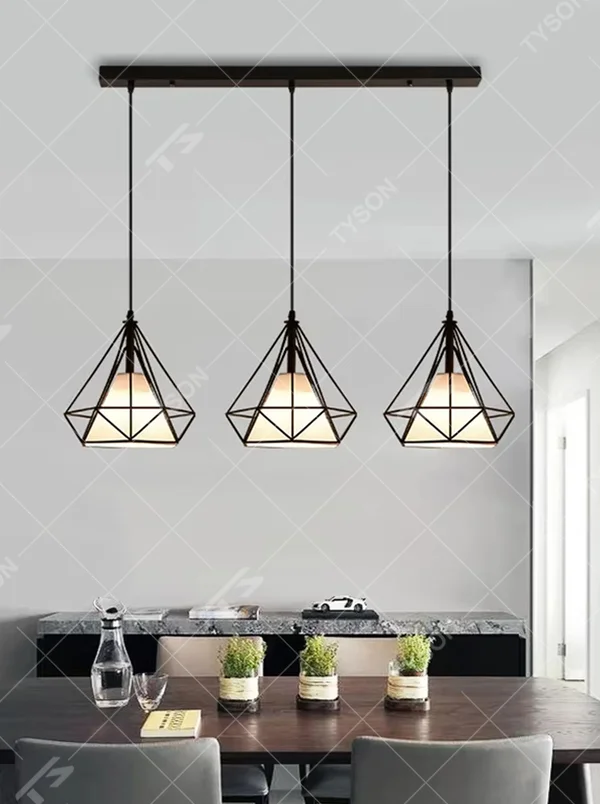 Nordic style three-head geometric iron chandelier, featuring a black rhombus metal frame design with soft and even light, used for lighting and decoration in dining tables, bars and other areas, suitable for modern minimalist, industrial style home and commercial spaces