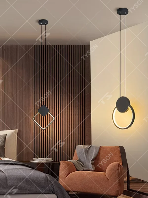 Modern minimalist elliptical ring LED chandelier, suspended elliptical shape made of black metal frame, built-in linear light source with soft and uniform light, designed to enhance the minimalist atmosphere of spaces, suitable for bedroom bedside, entrance, light luxury homes and commercial spaces