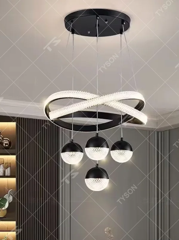 This modern light luxury chandelier features a black metal frame, paired with interlaced star-ring shaped LED light strips and four spherical crystal lamp shades. It has vivid, layered lines, serves both lighting and decorative purposes, and is ideal for modern home spaces like dining rooms and living rooms, as well as light luxury commercial venues.