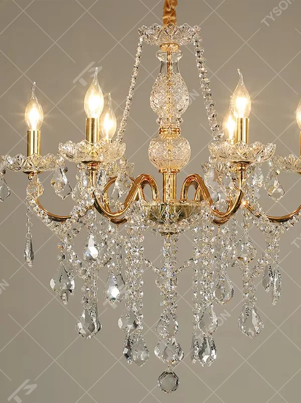 European-style luxury crystal chandelier, with a gold metal frame and multi-layer crystal pendants, featuring a candle-style lamp head design, brilliant and gorgeous light, designed to enhance the luxurious atmosphere of spaces, suitable for high-end scenarios such as villa living rooms, hotel lobbies, and banquet halls
