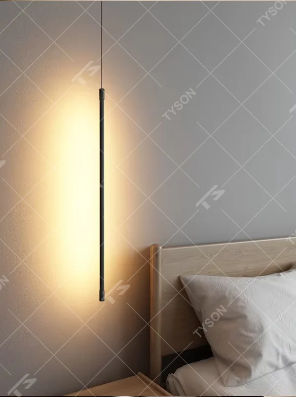 This minimalist linear chandelier features a slender black metal lamp body with a floating suspension design, emitting soft diffused light, serving both lighting and decorative purposes, ideal for bedroom bedside tables, living room feature walls, modern minimalist homes and other scenarios.
