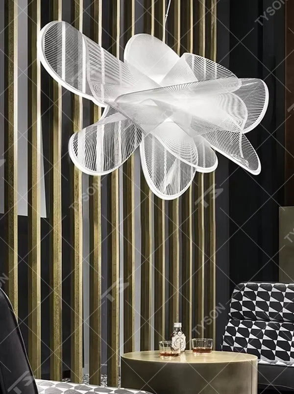 Modern art petal chandelier, multi-layer three-dimensional petal shape made of white semi-transparent PET material, with light and transparent lines, designed to enhance the artistic atmosphere of spaces, suitable for living rooms, clubs, art exhibition halls and other modern high-end spaces