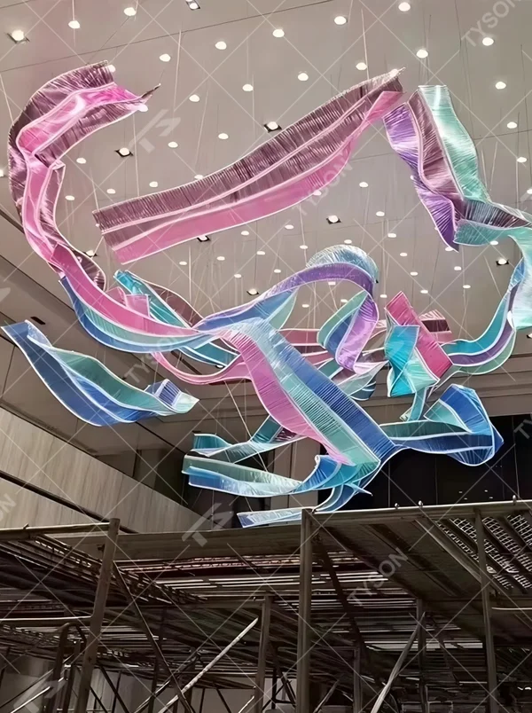 This large-scale art ribbon chandelier is made of semi-translucent material with pink-purple-blue-green gradients, featuring a flowing, pendant ribbon shape. It serves both lighting and artistic installation purposes, ideal for high-ceiling commercial spaces such as shopping mall atriums, hotel lobbies, and art galleries.