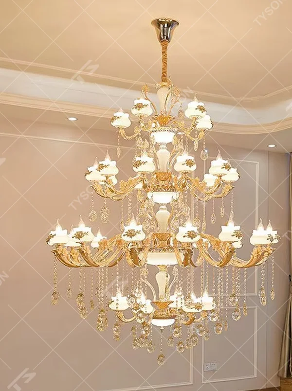 European court-style multi-tiered golden crystal chandelier, gold iron frame paired with high-transparency crystal pendants and milk-white glass lampshades, stacked tower shape, brilliant and luxurious light, designed to create a high-end and grand space atmosphere, suitable for large spaces such as villa high-ceiling living rooms, duplex buildings, European hotel lobbies, and clubs