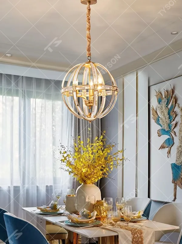 This light luxury modern spherical chandelier features a gold metal frame, paired with multi-layer interlaced lines and transparent crystal/glass material, with an exquisite and transparent shape. It serves both lighting and decorative purposes, ideal for modern light luxury home and commercial spaces such as dining rooms and living rooms.
