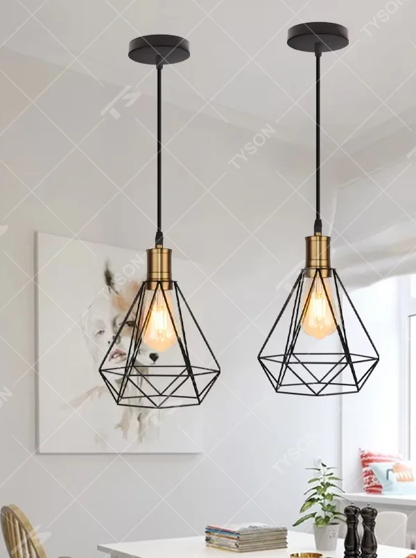 Nordic industrial style three-head iron chandelier, with black geometric rhombus metal frames and semi-transparent lampshades, three-head side-by-side design, soft and even light, used for lighting and decoration in dining tables, bars and other areas, suitable for modern minimalist, industrial style home and commercial spaces