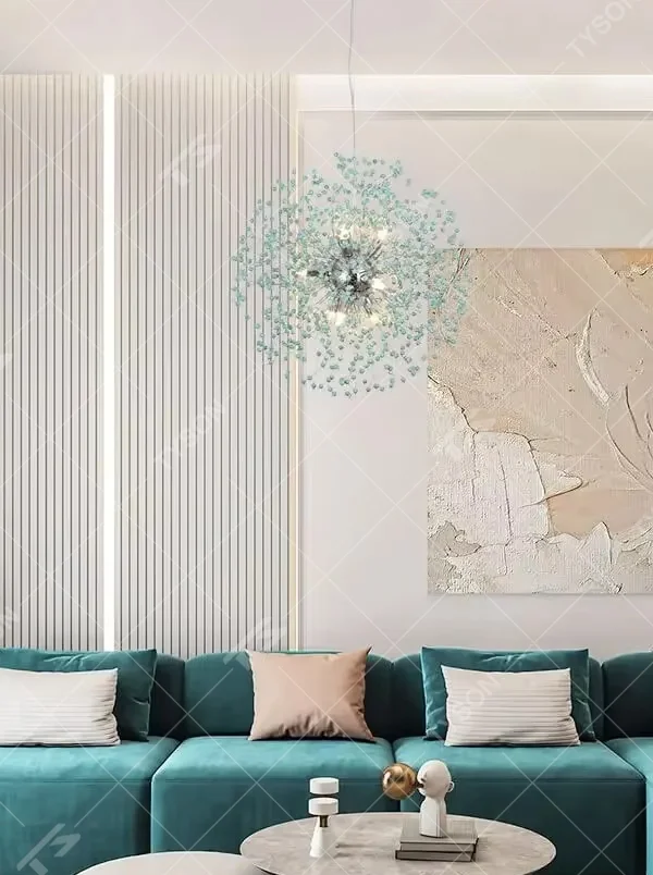 This modern light luxury dandelion-shaped chandelier features a gold metal core frame, paired with blue-green gradient crystal/acrylic decorations, in a radial blooming shape. It serves both lighting and decorative purposes, ideal for living rooms, entryways, light luxury commercial spaces and other scenarios.