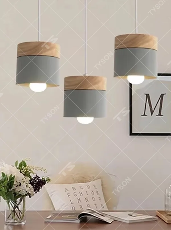Nordic minimalist wood chandelier, with wooden tops and multi-color metal lampshades (grey/white/yellow optional), single/multi-head combination design, soft and even light, designed to enhance the fresh atmosphere of spaces, suitable for dining tables, home bars, coffee shops, etc.