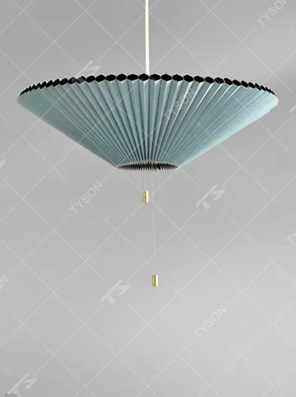This modern minimalist fan-shaped chandelier features a light lake blue pleated fabric lampshade with a black edge, in an umbrella-shaped suspended style, serving both lighting and decorative purposes, ideal for modern minimalist spaces such as dining rooms, living rooms, and wabi-sabi cafes.