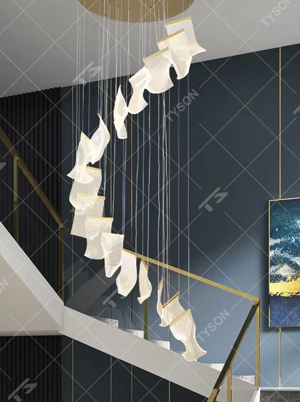 This is a modern artistic suspended chandelier, featuring an irregular clustered shape crafted from translucent pleated material, as light and dreamy as a cloud. It emits soft and gentle light, serving both lighting and artistic decoration purposes, suitable for villa high-ceiling living rooms, duplex voids, high-end clubs, art exhibition halls and other spaces.