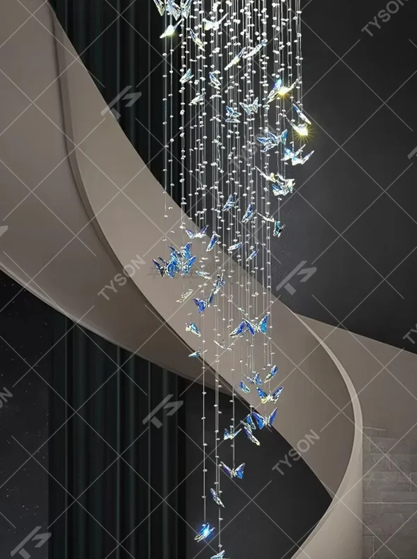 Modern light luxury style multi-group staggered spherical chandelier, with gold metal suspension rods paired with milky white luminous bulbs, arranged in a cascading streamlined layout, emitting soft and even light, combining decorativeness and practicality, suitable for core lighting and atmosphere creation in high-ceiling spaces such as duplex stairs, high-ceiling living rooms, and villa hollow areas.