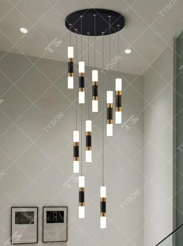 Modern light luxury black-gold multi-head cascading chandelier, with black-gold metal spliced lamp bodies paired with white luminous cylindrical lamp heads, arranged in a staggered hanging layout on a circular black base, emitting soft and even light, combining decorativeness and practicality, suitable for core lighting and atmosphere creation in high-ceiling spaces such as duplex stairs, high-ceiling living rooms, and villa hollow areas.