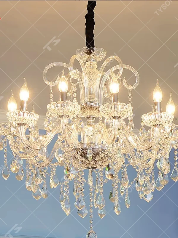 This is an European-style luxurious crystal chandelier, featuring a candle-shaped frame crafted entirely from crystal, paired with hanging crystal pendants. It emits brilliant and gorgeous light, serving both lighting and decorative purposes, suitable for villa living rooms, European-style dining rooms, hotel suites, banquet halls and other scenarios.