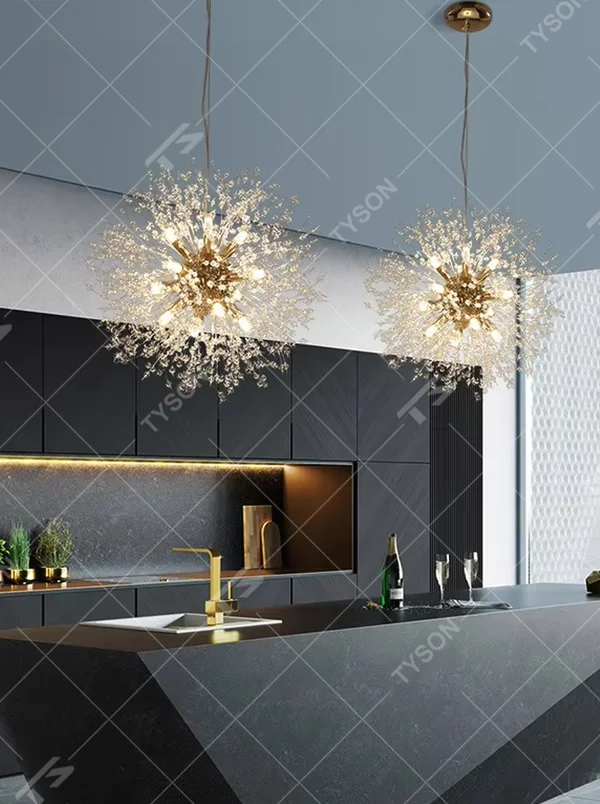 This is a modern light luxury dandelion firework-shaped chandelier, featuring a gold metal core paired with radial crystal branches, as brilliant and dynamic as a blooming firework. It emits soft and warm light, serving both lighting and artistic decoration purposes, suitable for light luxury dining rooms, open kitchen islands, bars, internet-famous homestays and other scenarios.
